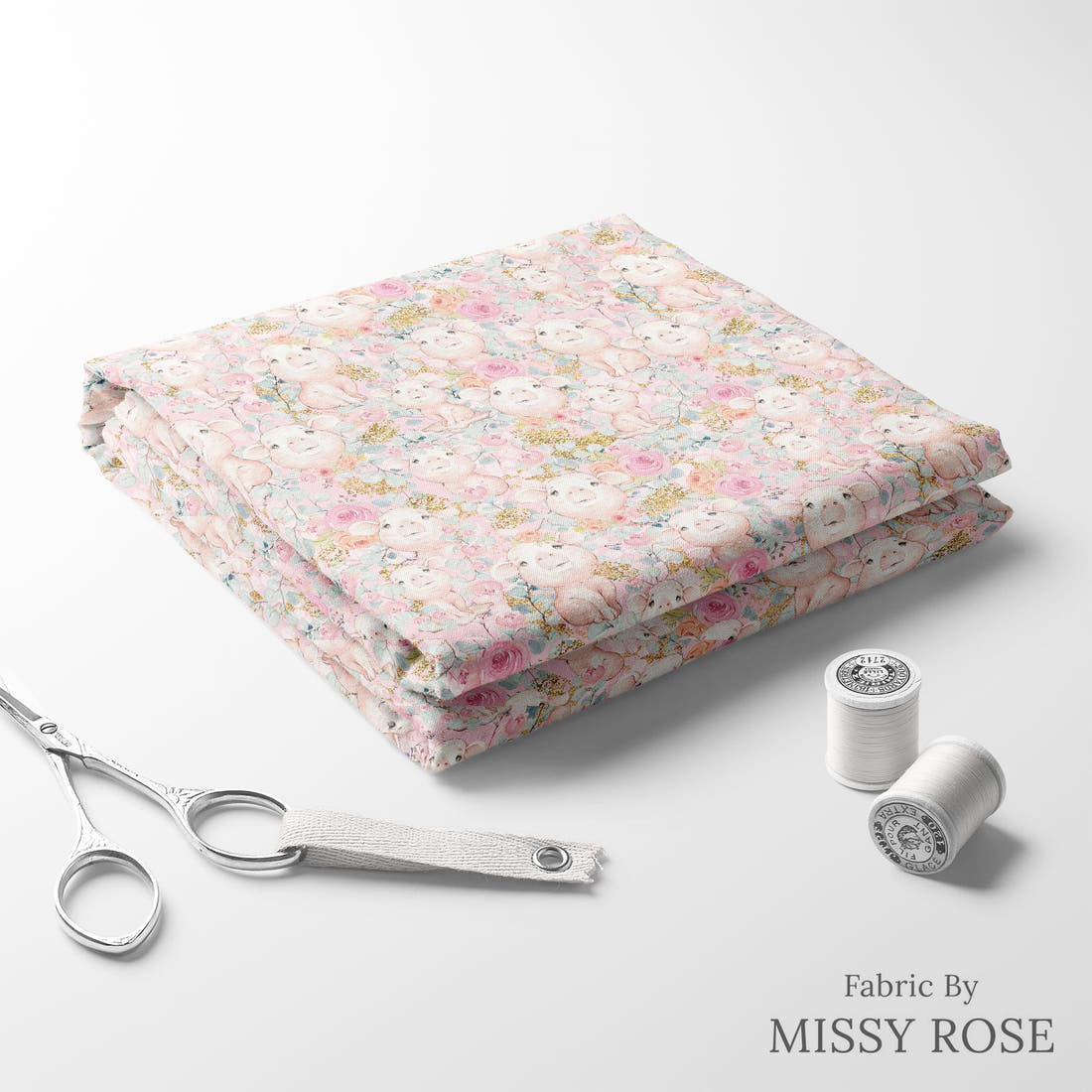 Design 1176 Pink Pigs Fabric folded fabric stack with matching thread – pre-order fabric Australia | Fabric by Missy Rose