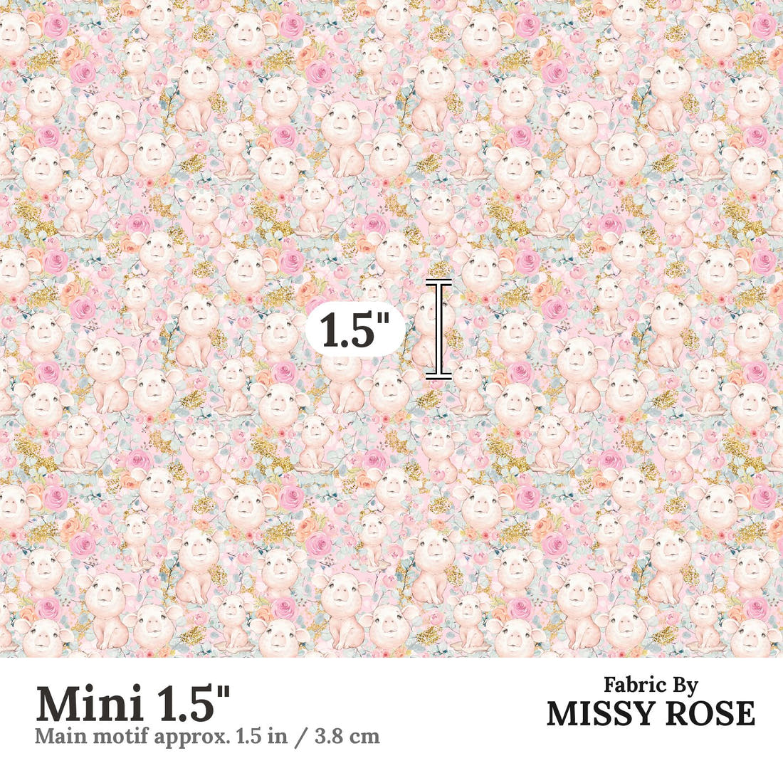 Design 1176 Pink Pigs Fabric Mini 1.5 inch print scale guide | Fabric by Missy Rose