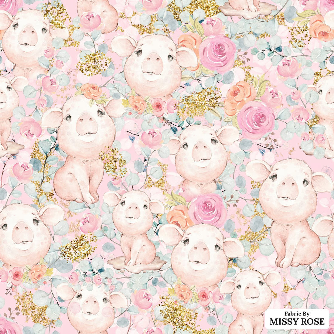 Design 1176 Pink Pigs Fabric – flat view of the print, zoom in for detail | Fabric by Missy Rose