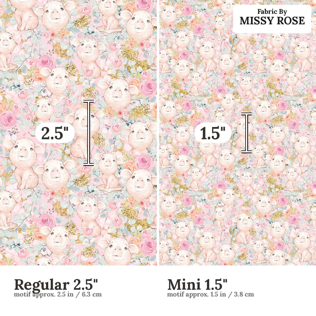 Design 1176 Pink Pigs Fabric Regular 2.5 inch vs Mini 1.5 inch print scale side by side | Fabric by Missy Rose