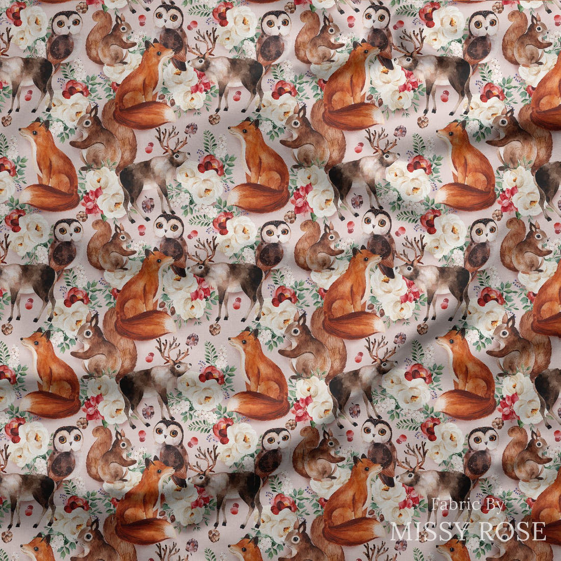 Design 1177 Cute Woodlands Fabric draped fabric mockup – custom printed fabric by the metre | Fabric by Missy Rose