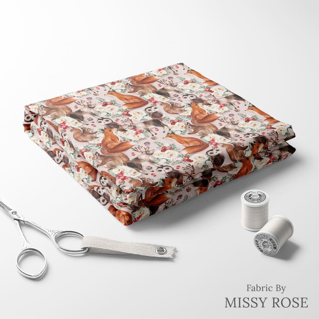 Design 1177 Cute Woodlands Fabric folded fabric stack with matching thread – pre-order fabric Australia | Fabric by Missy Rose
