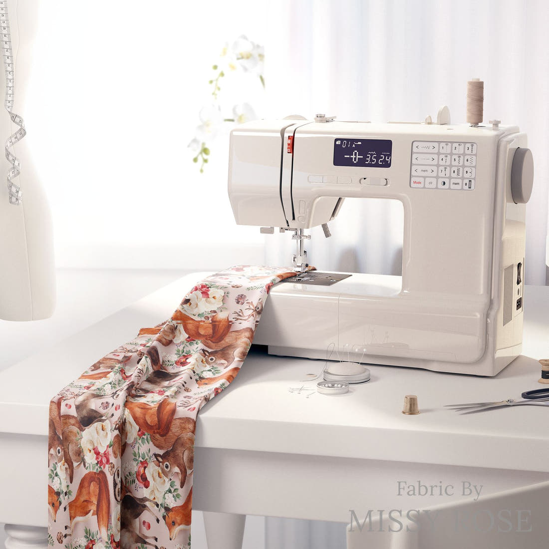 Design 1177 Cute Woodlands Fabric on a sewing machine – premium fabric for sewing projects | Fabric by Missy Rose