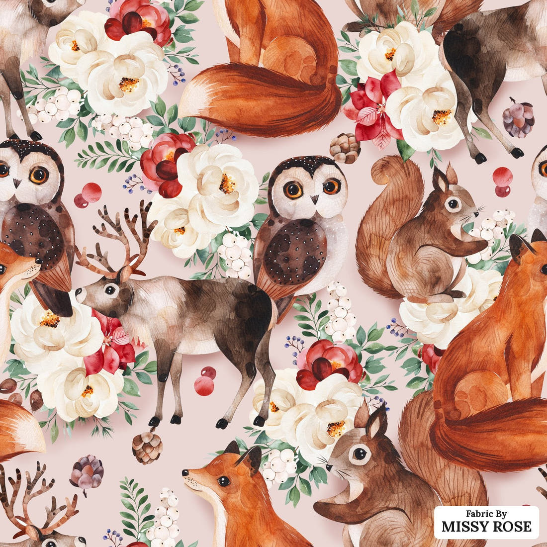 Design 1177 Cute Woodlands Fabric – flat view of the print, zoom in for detail | Fabric by Missy Rose