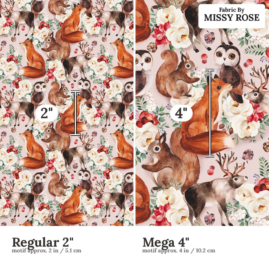 Design 1177 Cute Woodlands Fabric Regular 2 inch vs Mega 4 inch print scale side by side | Fabric by Missy Rose