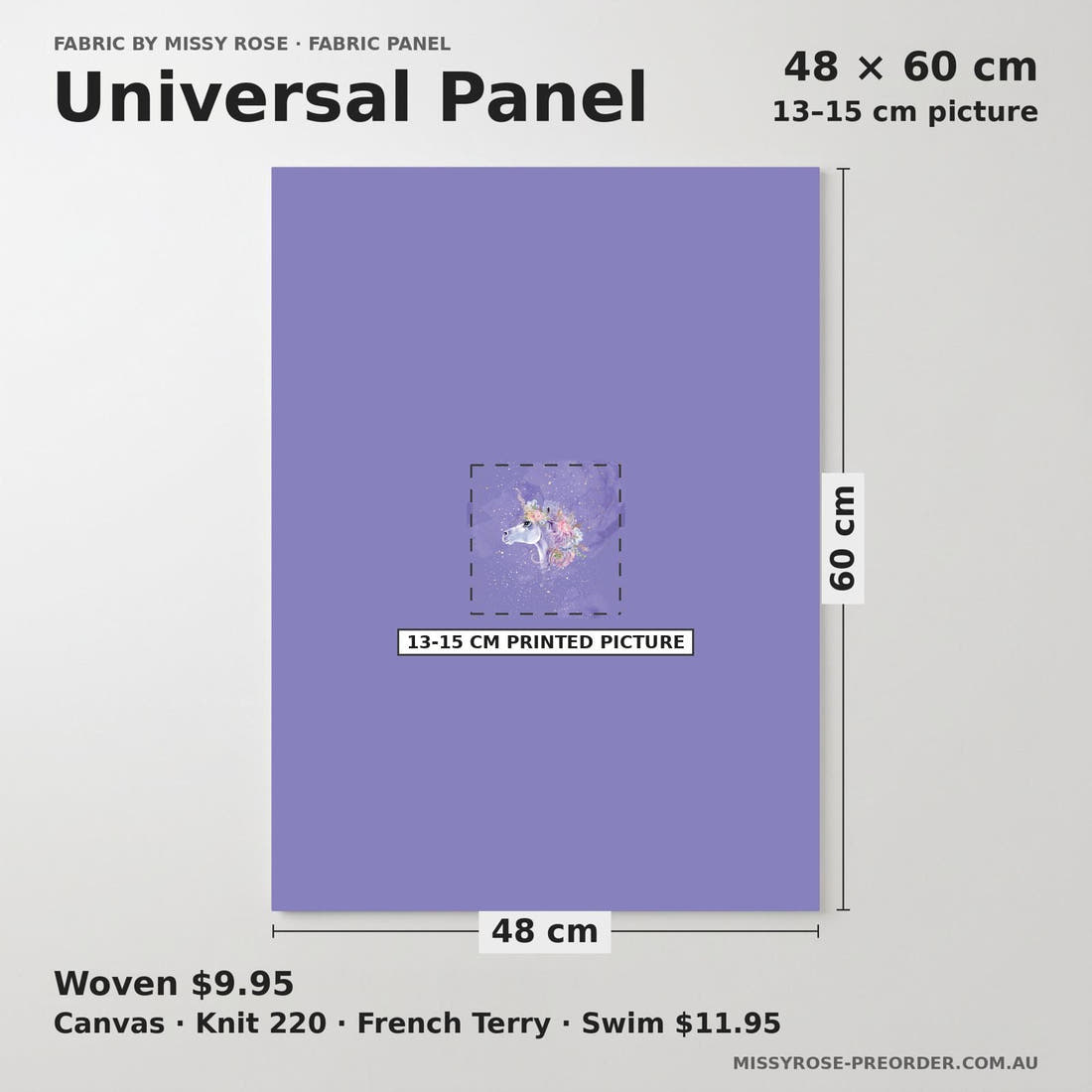 Design 1178 Purple Unicorm Panel universal panel sizing – 13–15 cm printed picture on 48 × 60 cm fabric | Fabric by Missy Rose