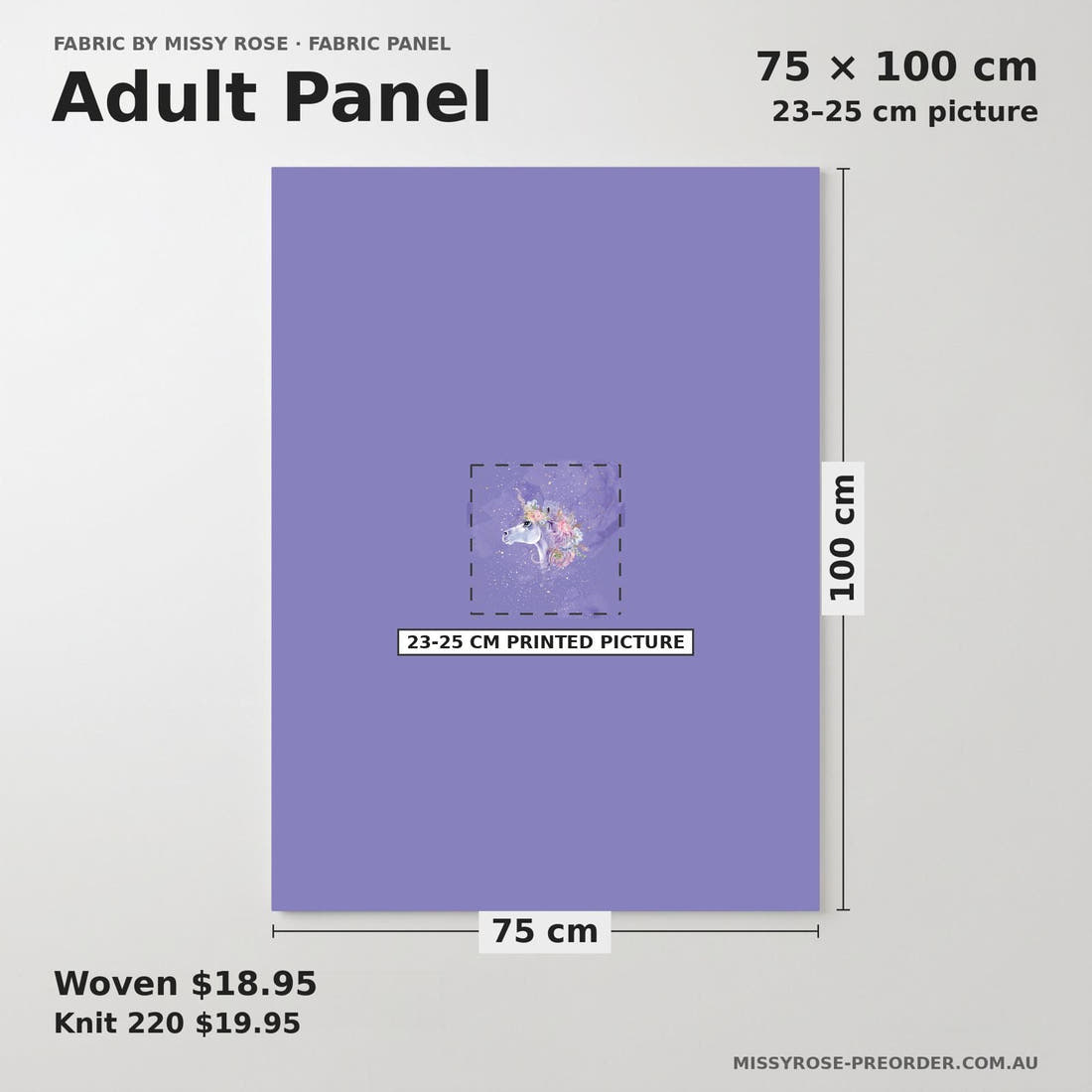 Design 1178 Purple Unicorm Panel adult panel sizing – 23–25 cm printed picture on 75 × 100 cm fabric | Fabric by Missy Rose