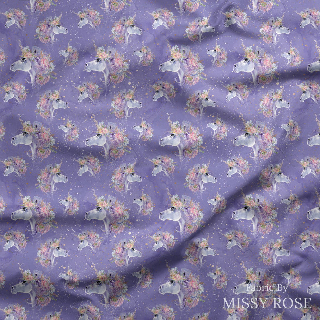 Design 1178 Purple Unicorm Fabric draped fabric mockup – custom printed fabric by the metre | Fabric by Missy Rose