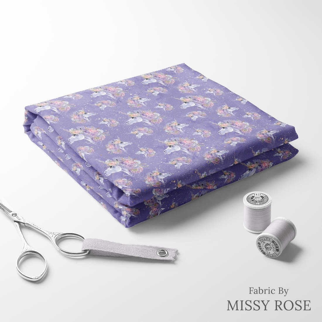 Design 1178 Purple Unicorm Fabric folded fabric stack with matching thread – pre-order fabric Australia | Fabric by Missy Rose