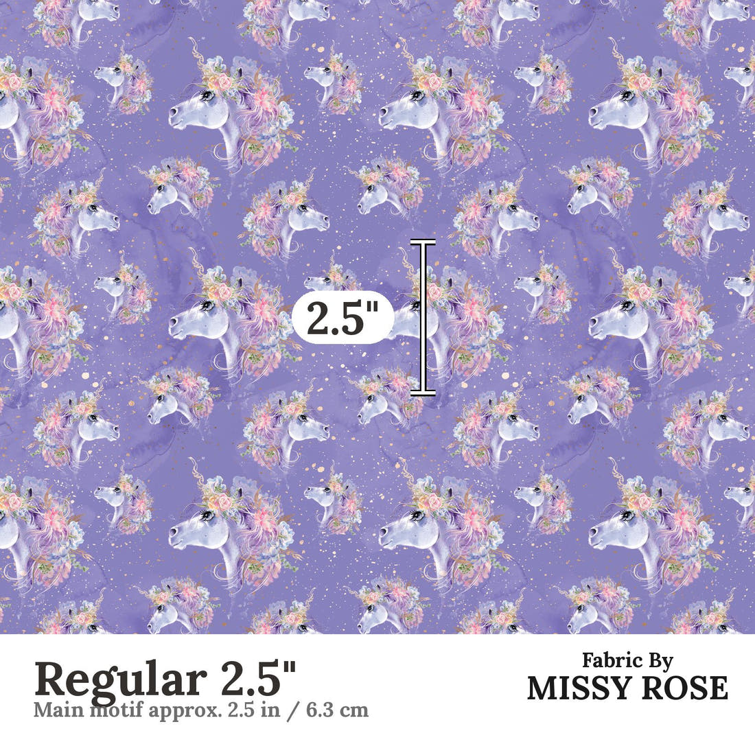 Design 1178 Purple Unicorm Fabric Regular 2.5 inch print scale guide | Fabric by Missy Rose