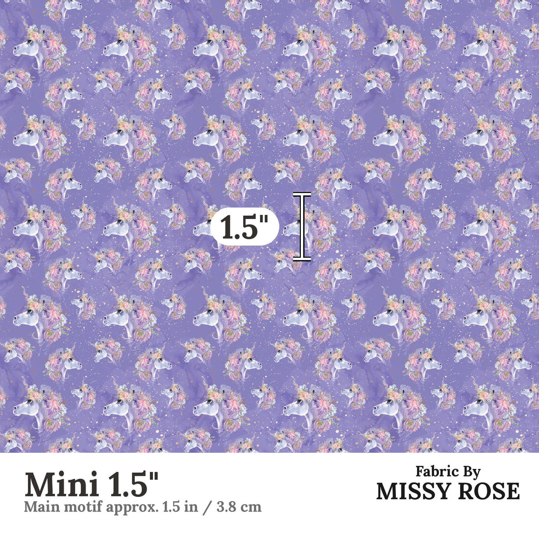Design 1178 Purple Unicorm Fabric Mini 1.5 inch print scale guide | Fabric by Missy Rose