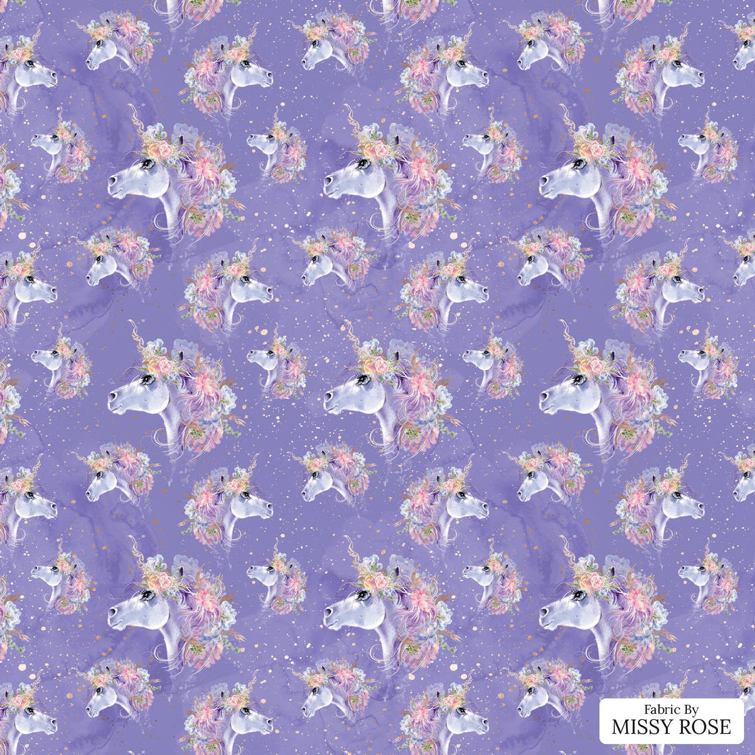 Design 1178 Purple Unicorn Fabric – flat view of the print, zoom in for detail | Fabric by Missy Rose
