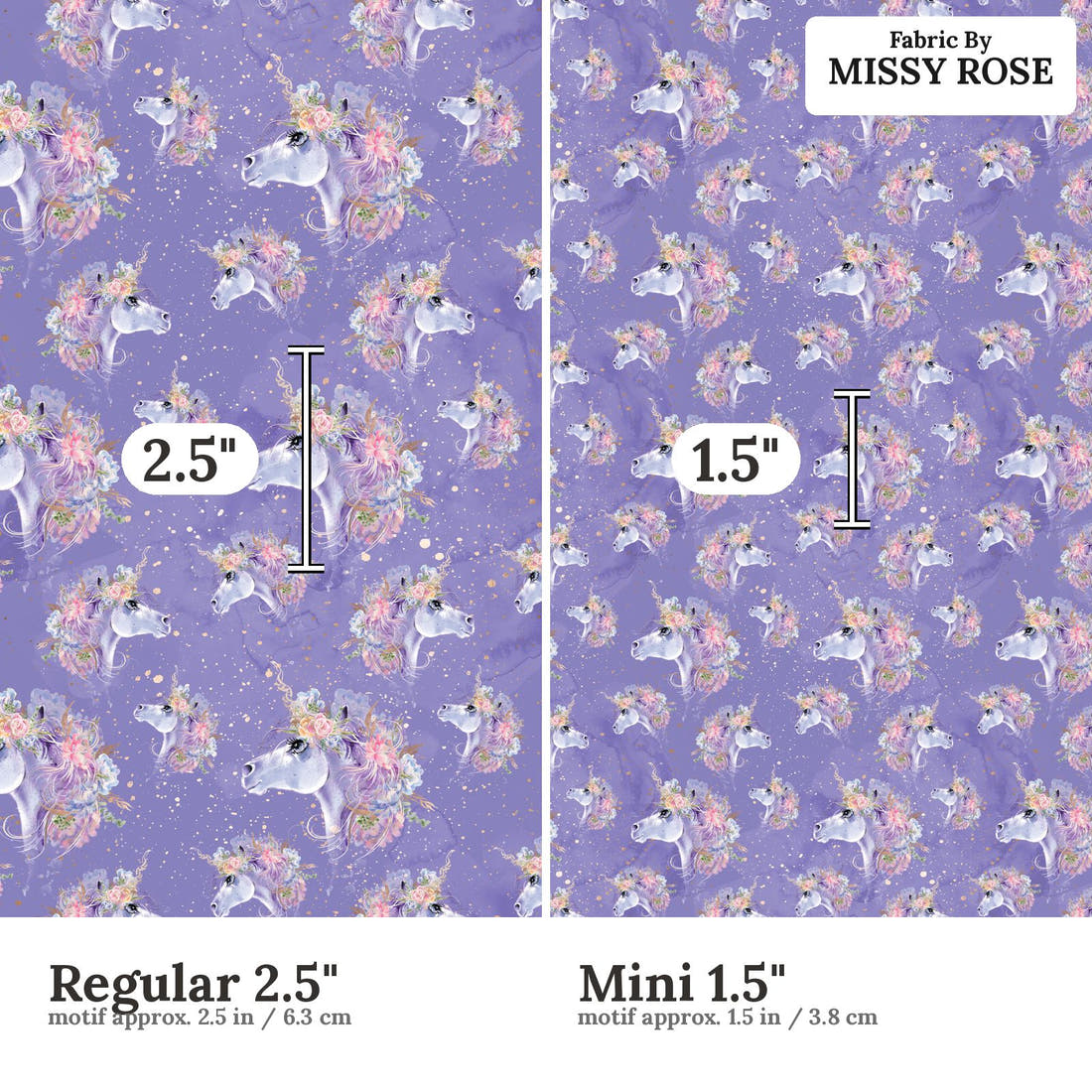 Design 1178 Purple Unicorm Fabric Regular 2.5 inch vs Mini 1.5 inch print scale side by side | Fabric by Missy Rose