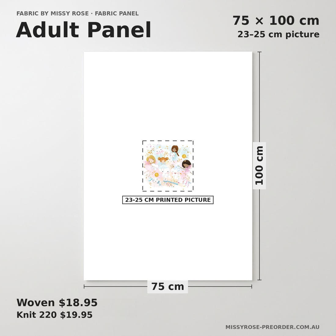 Design 1179 Tooth Fairy Panel adult panel sizing – 23–25 cm printed picture on 75 × 100 cm fabric | Fabric by Missy Rose