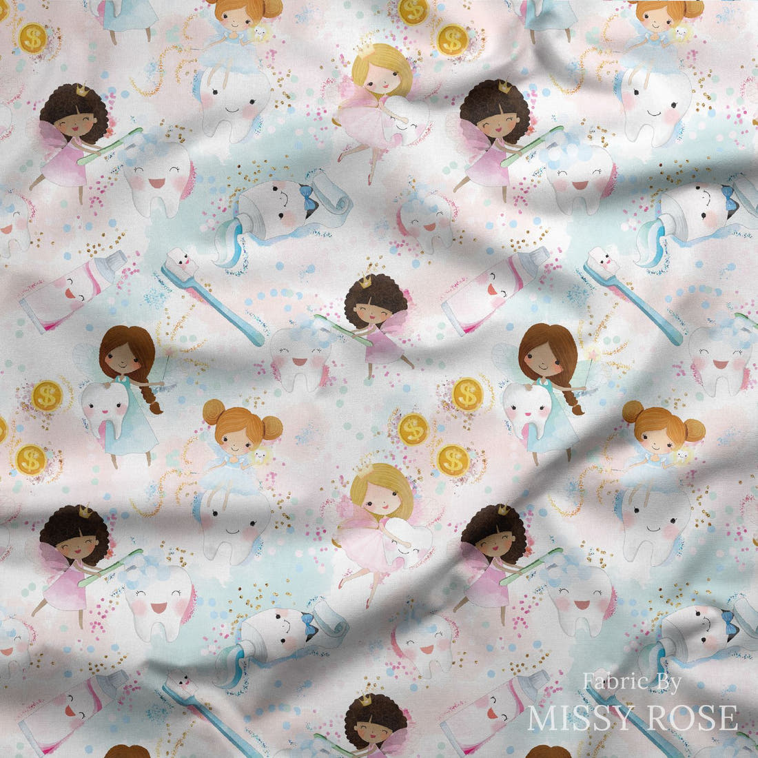 Design 1179 Tooth Fairy Fabric draped fabric mockup – custom printed fabric by the metre | Fabric by Missy Rose