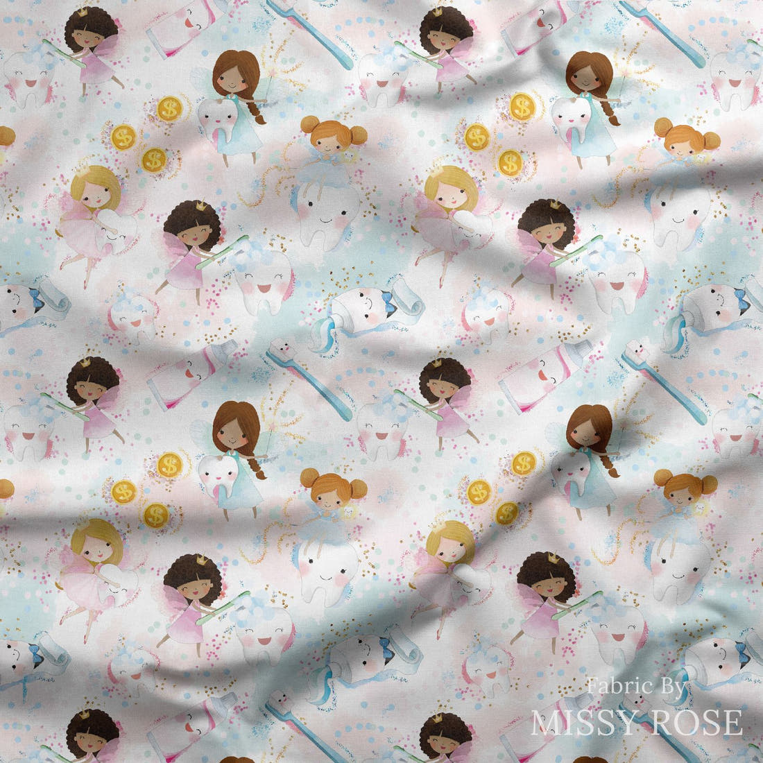 Design 1179 Tooth Fairy Fabric draped fabric mockup – custom printed fabric by the metre | Fabric by Missy Rose