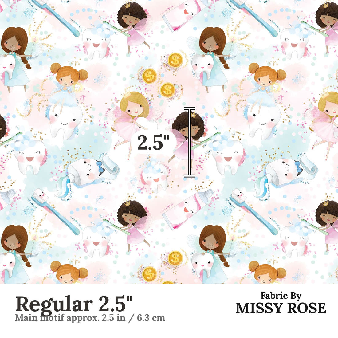 Design 1179 Tooth Fairy Fabric Regular 2.5 inch print scale guide | Fabric by Missy Rose