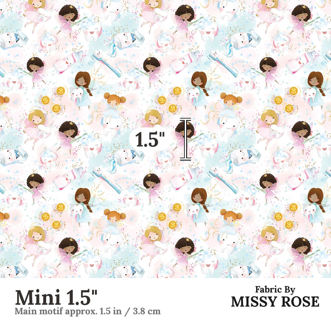 Design 1179 Tooth Fairy Fabric Mini 1.5 inch print scale guide | Fabric by Missy Rose