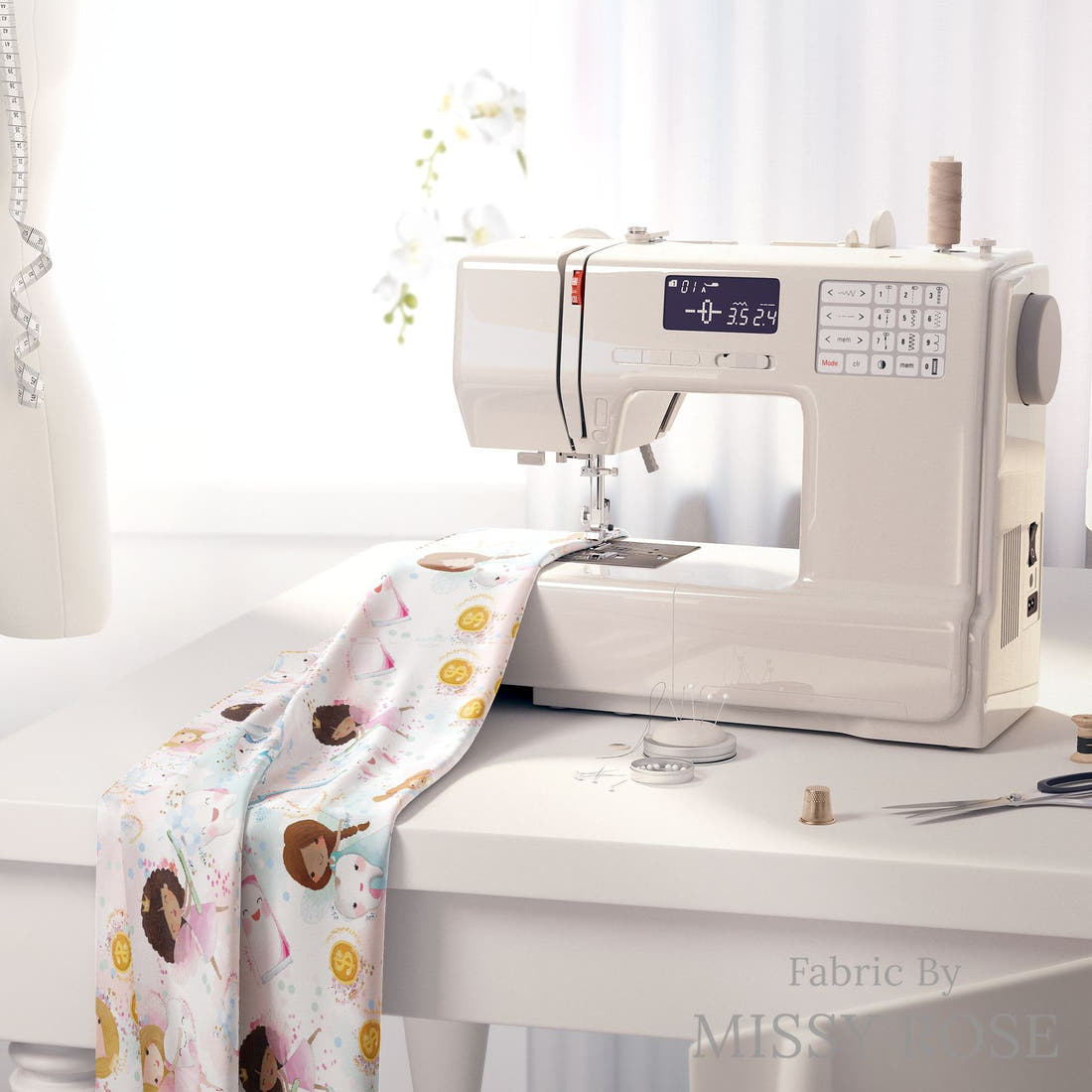 Design 1179 Tooth Fairy Fabric on a sewing machine – premium fabric for sewing projects | Fabric by Missy Rose
