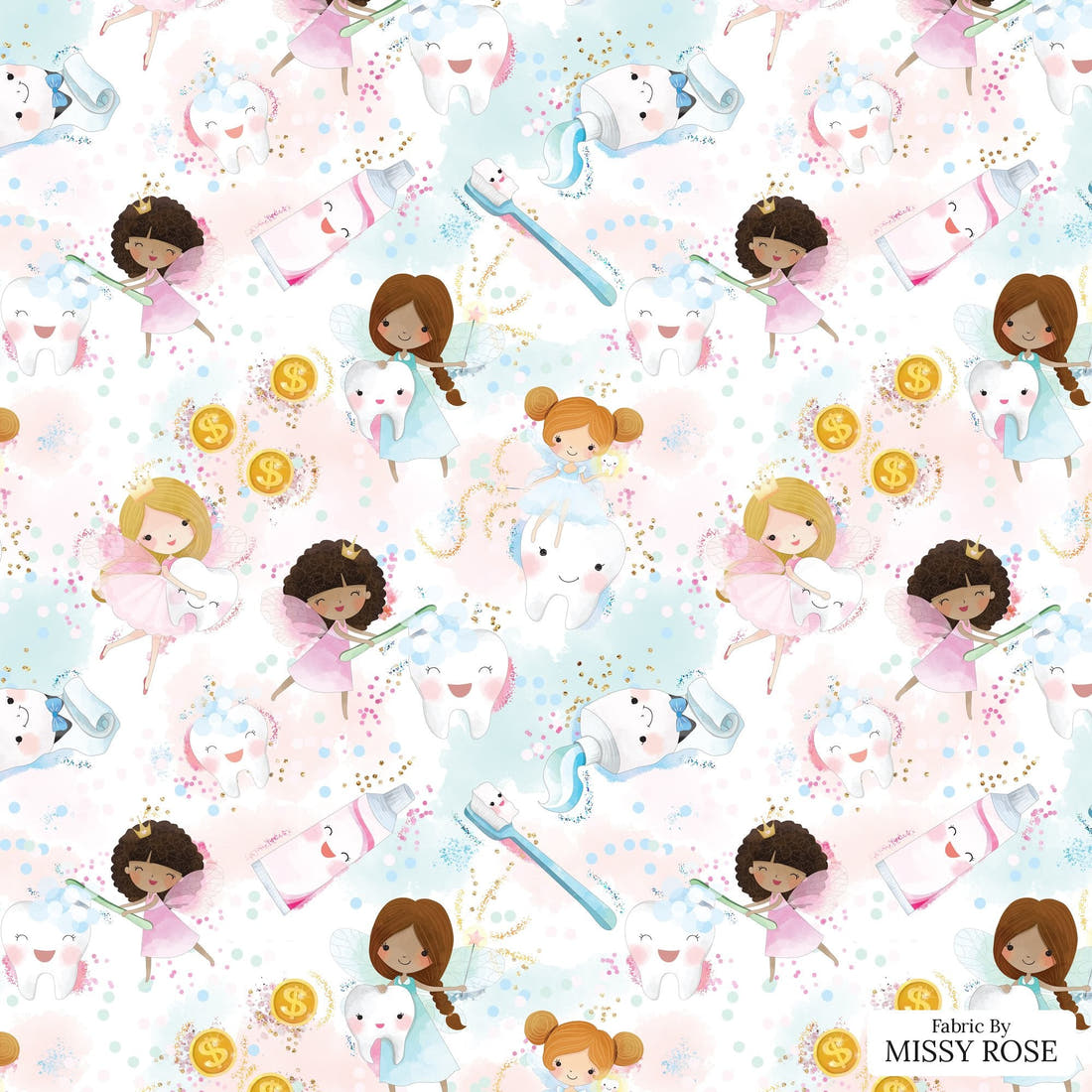 Design 1179 Tooth Fairy Fabric – flat view of the print, zoom in for detail | Fabric by Missy Rose