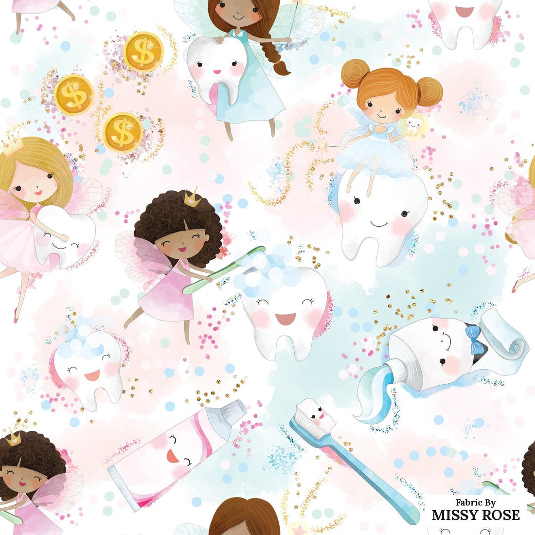 Design 1179 Tooth Fairy Fabric – flat view of the print, zoom in for detail | Fabric by Missy Rose