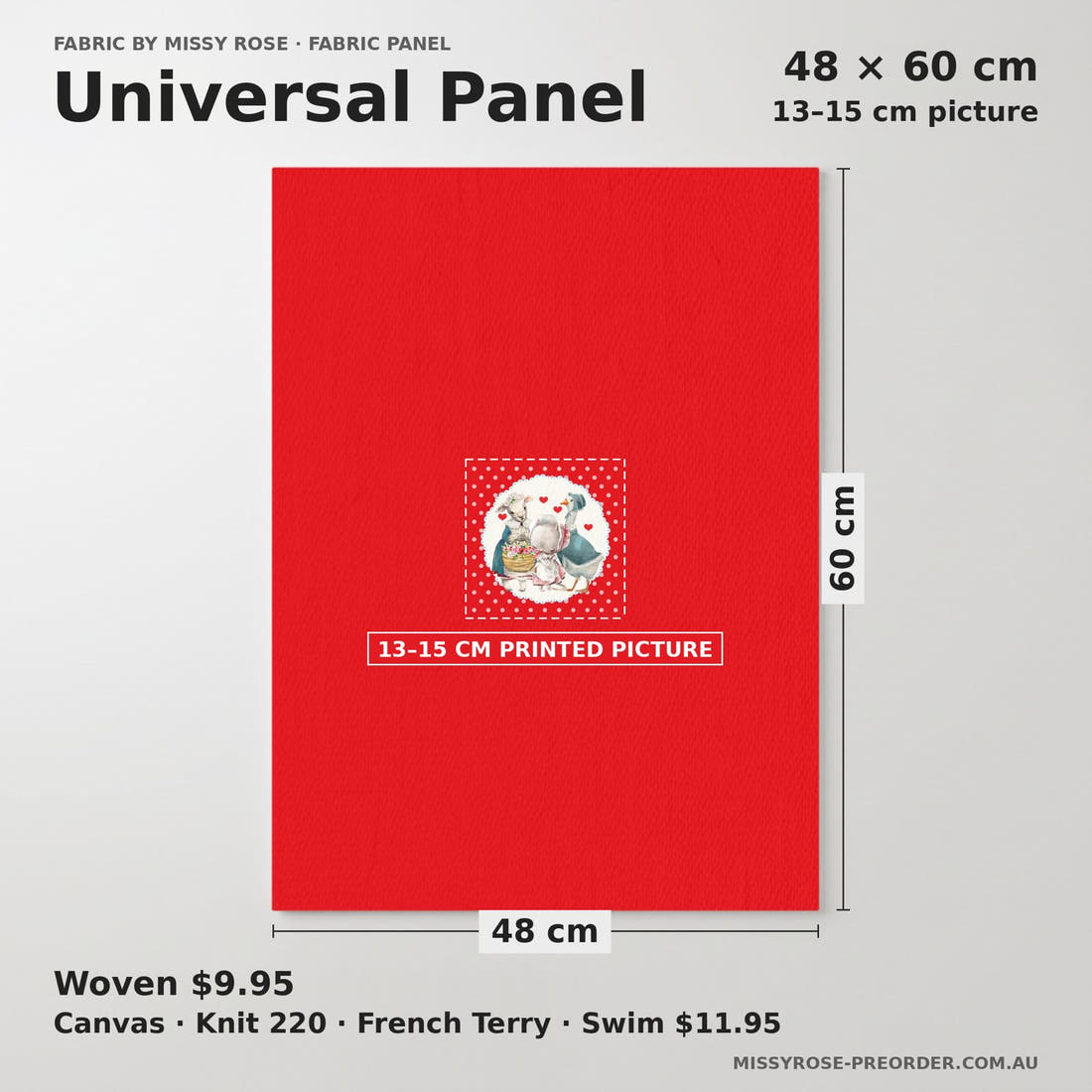 Design 118 Red Farm Animals Panel universal panel sizing – 13–15 cm printed picture on 48 × 60 cm fabric | Fabric by Missy Rose