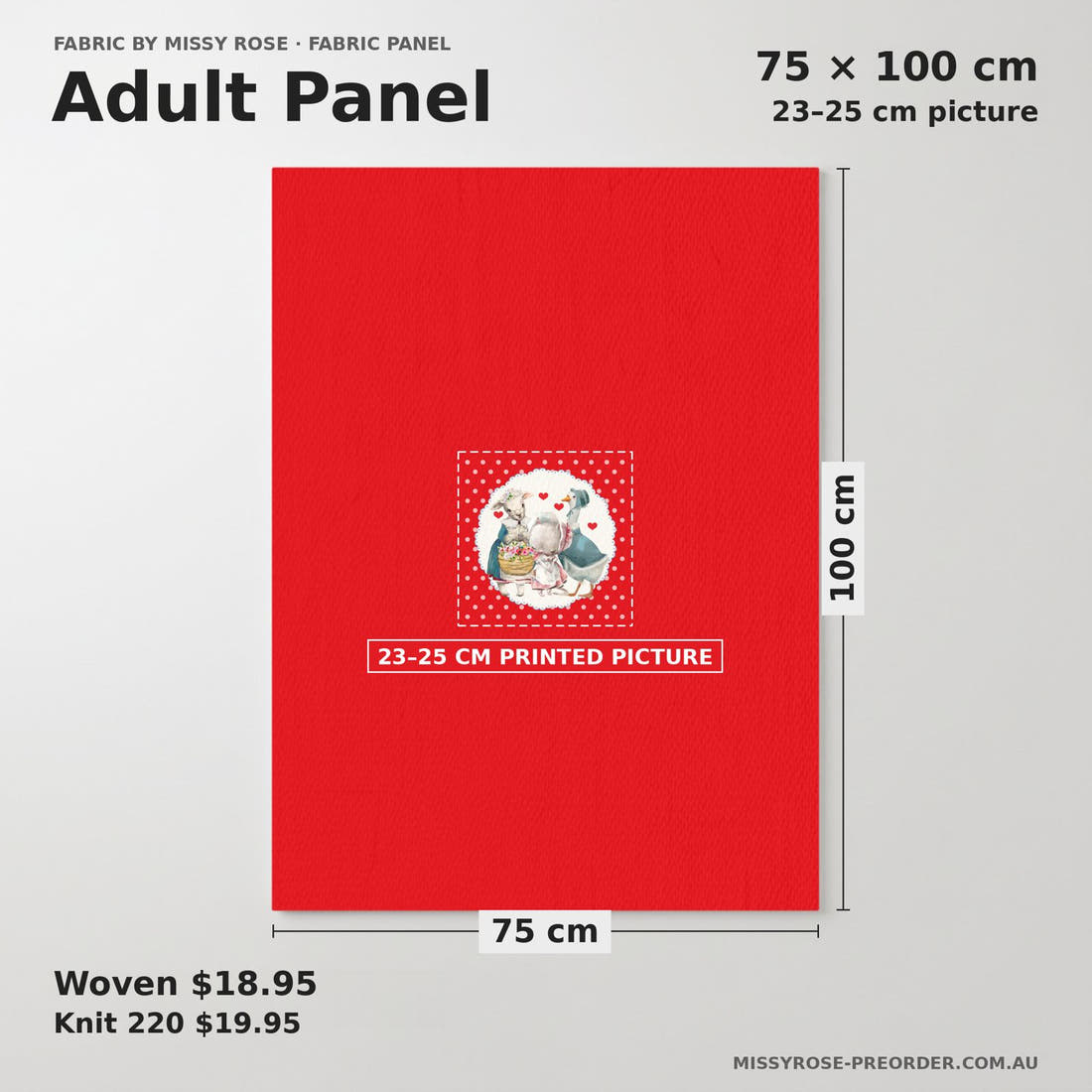 Design 118 Red Farm Animals Panel adult panel sizing – 23–25 cm printed picture on 75 × 100 cm fabric | Fabric by Missy Rose