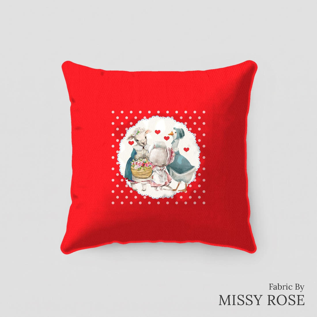Design 118 Red Farm Animals Panel sewn into a cushion – see how the panel looks made up | Fabric by Missy Rose
