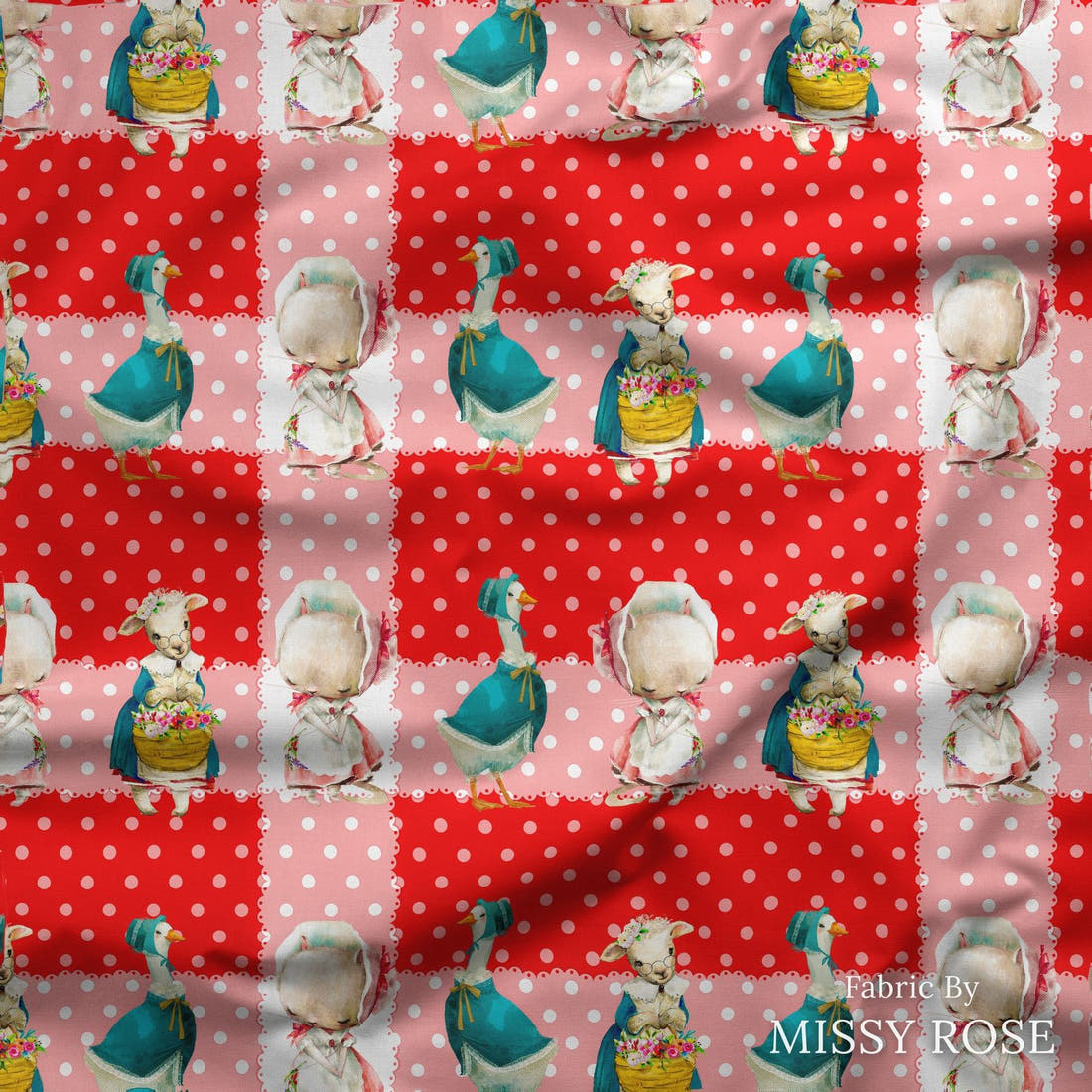 Design 118 Red Farm Animals Fabric draped fabric mockup – custom printed fabric by the metre | Fabric by Missy Rose
