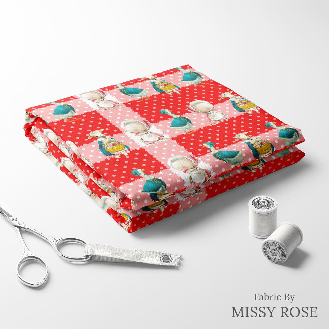 Design 118 Red Farm Animals Fabric folded fabric stack with matching thread – pre-order fabric Australia | Fabric by Missy Rose