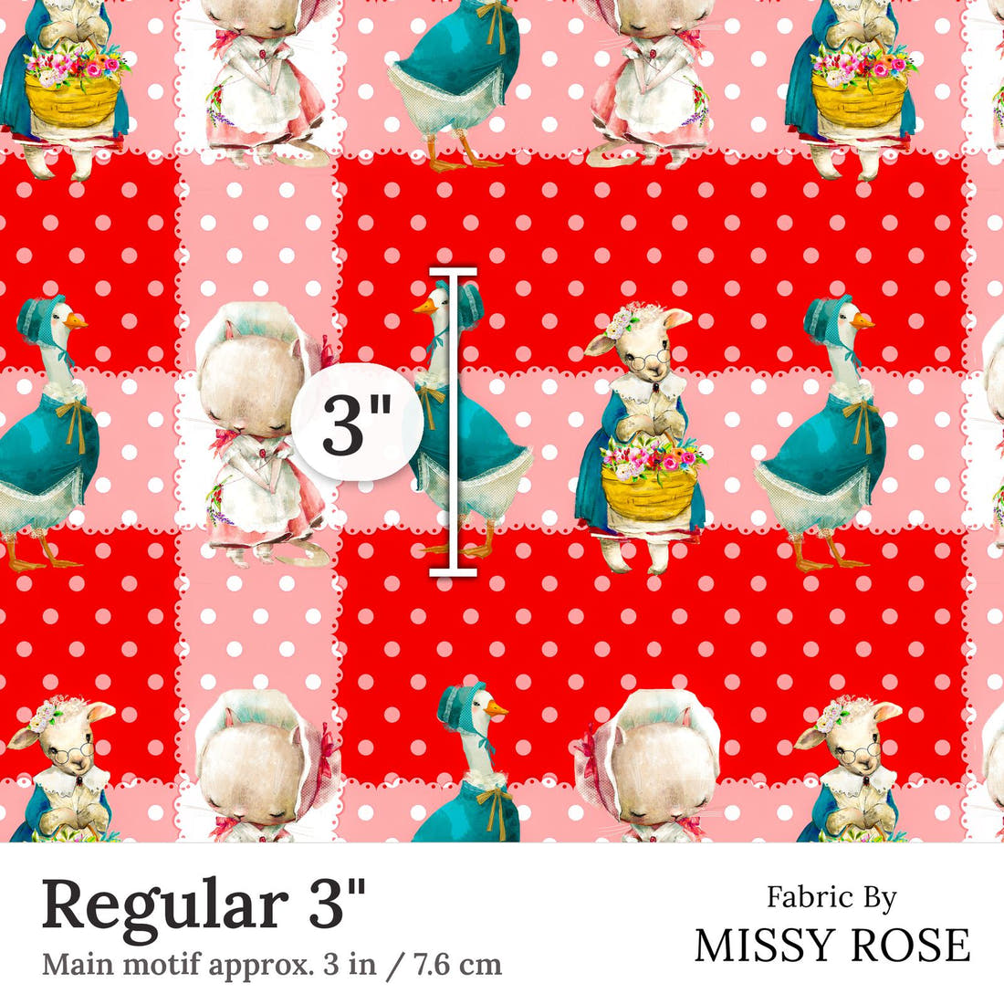 Design 118 Red Farm Animals Fabric Regular 3 inch print scale guide | Fabric by Missy Rose