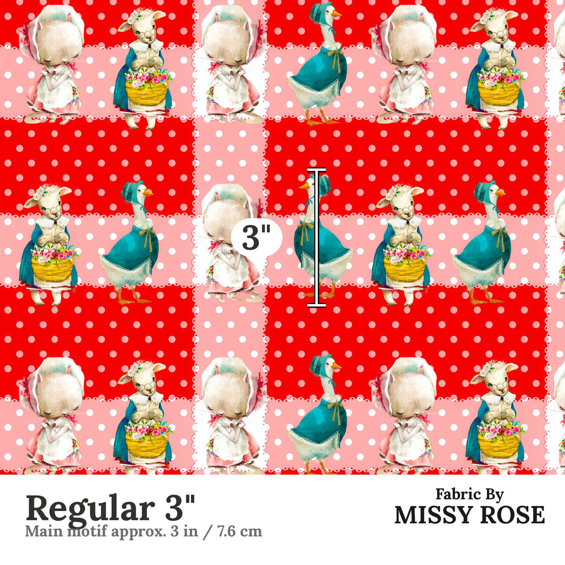 Design 118 Red Farm Animals Fabric Regular 3" - print scale | Fabric by Missy Rose