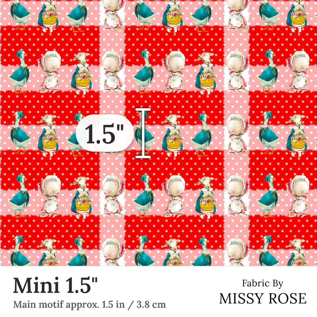 Design 118 Red Farm Animals Fabric Mini 1.5 inch print scale guide | Fabric by Missy Rose