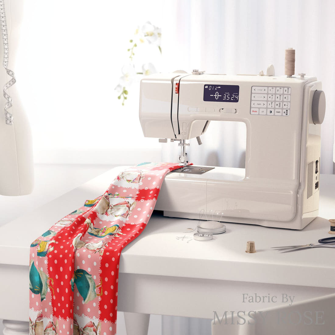 Design 118 Red Farm Animals Fabric on a sewing machine – premium fabric for sewing projects | Fabric by Missy Rose