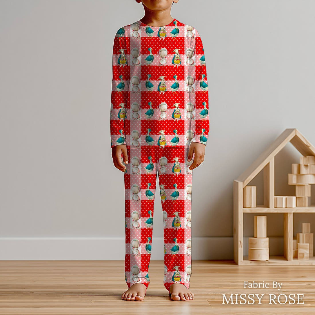 Design 118 Red Farm Animals Fabric sewn into kids' pyjamas – see how the print looks made up | Fabric by Missy Rose