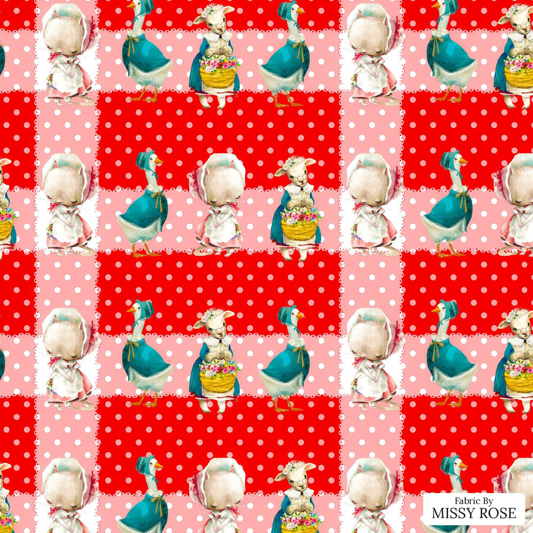 Design 118 Red Farm Animals Fabric - flat view of the print, zoom in for detail | Fabric by Missy Rose
