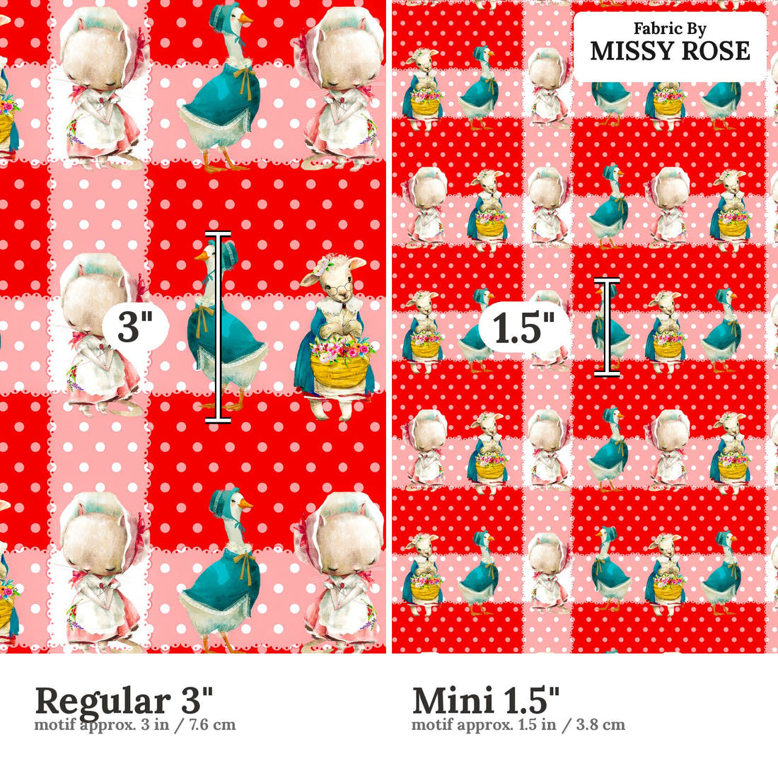 Design 118 Red Farm Animals Fabric size comparison - print scale | Fabric by Missy Rose