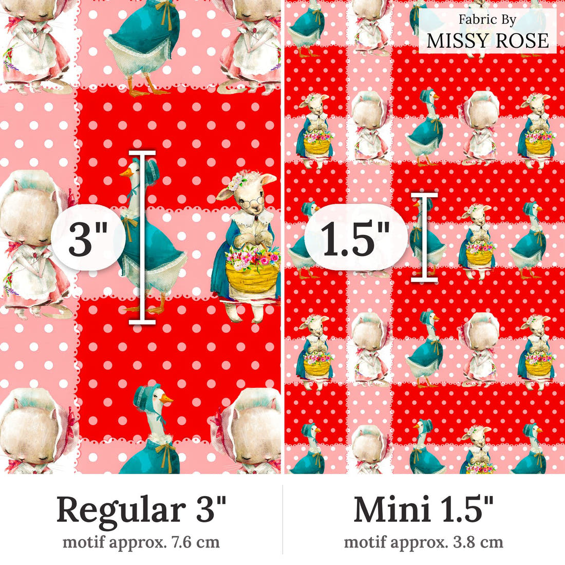Design 118 Red Farm Animals Fabric Regular 3 inch vs Mini 1.5 inch print scale side by side | Fabric by Missy Rose