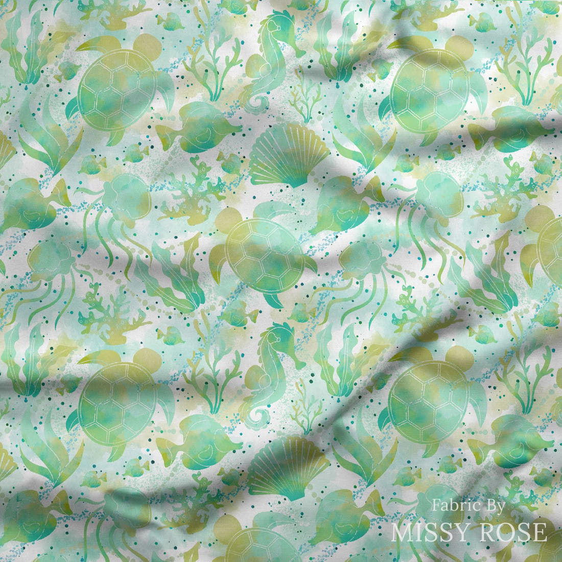 Design 1180 Turtle Fabric draped fabric mockup – custom printed fabric by the metre | Fabric by Missy Rose