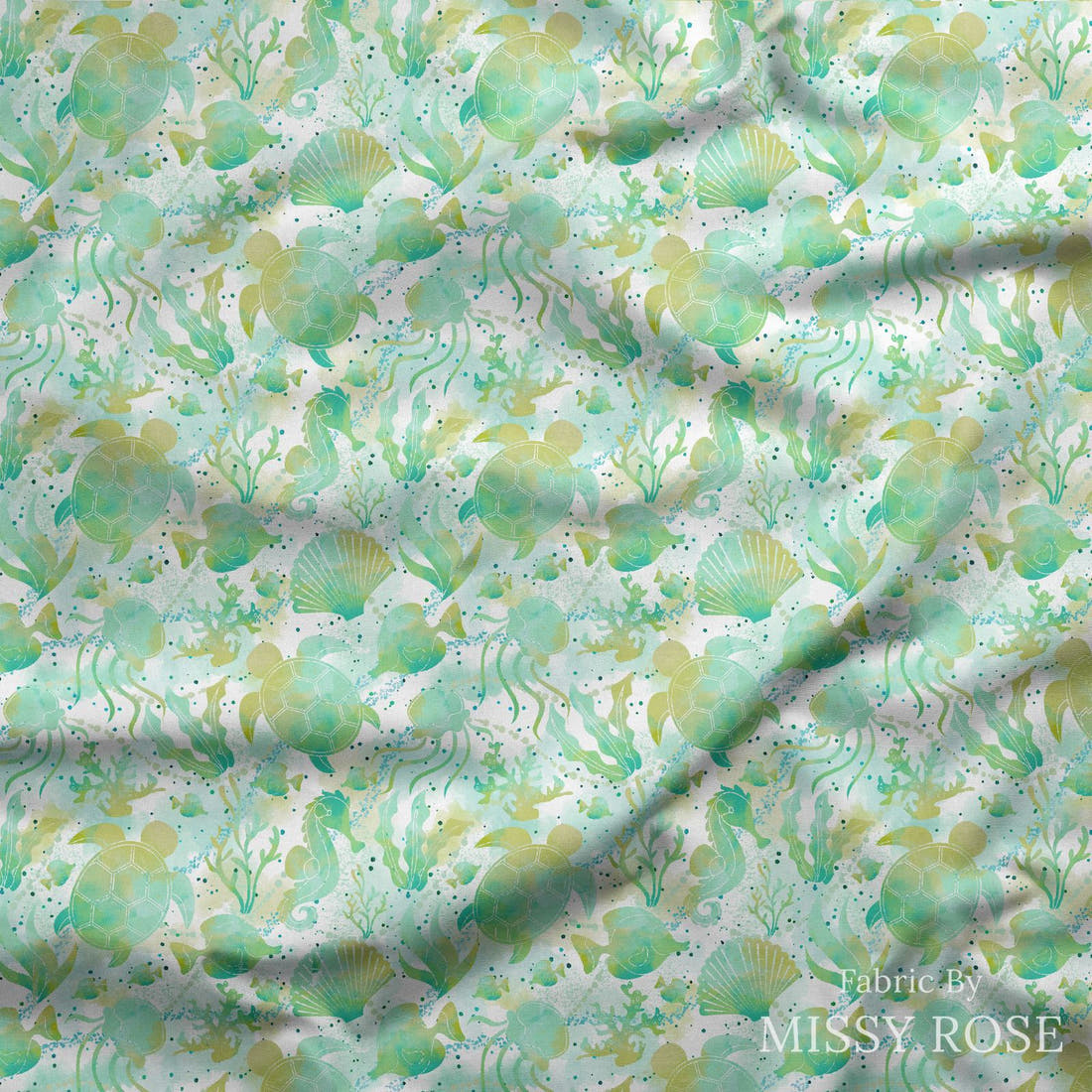 Design 1180 Turtle Fabric draped fabric mockup – custom printed fabric by the metre | Fabric by Missy Rose