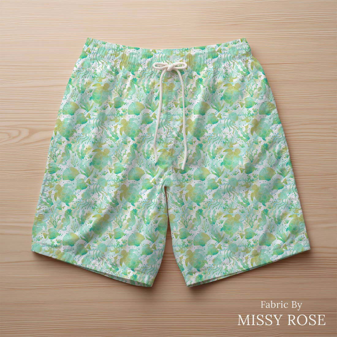 Design 1180 Turtle Fabric sewn into swim shorts – see how the print looks made up | Fabric by Missy Rose