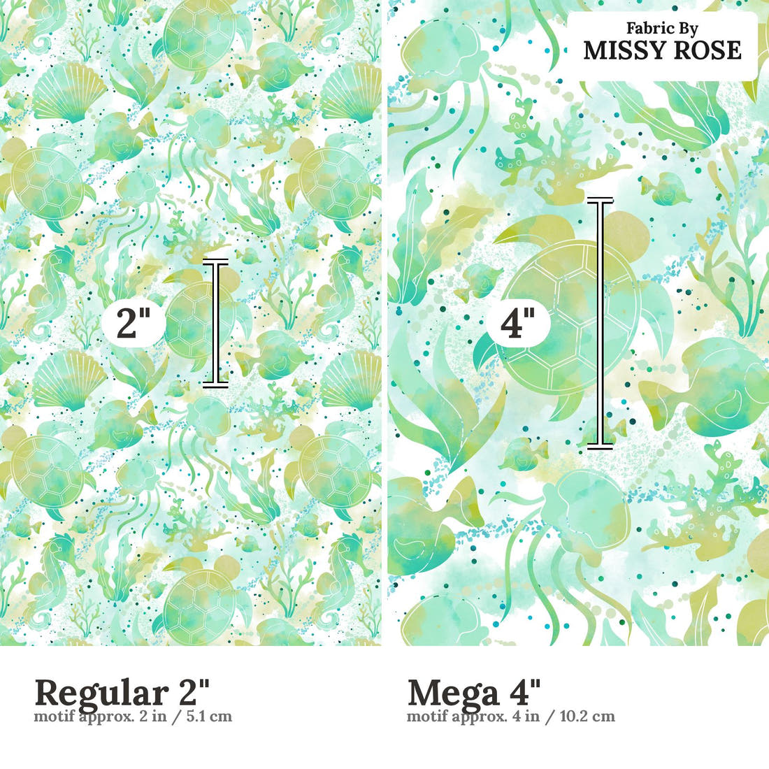 Design 1180 Turtle Fabric Regular 2 inch vs Mega 4 inch print scale side by side | Fabric by Missy Rose