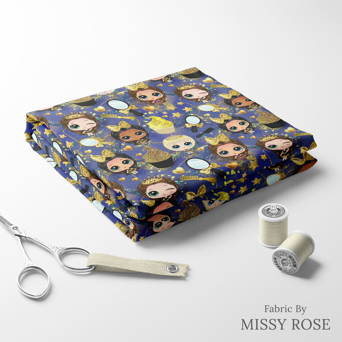 Design 1181 Navy Cuties Fabric folded fabric stack with matching thread – pre-order fabric Australia | Fabric by Missy Rose