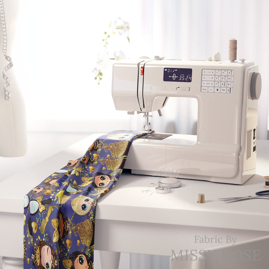 Design 1181 Navy Cuties Fabric on a sewing machine – premium fabric for sewing projects | Fabric by Missy Rose
