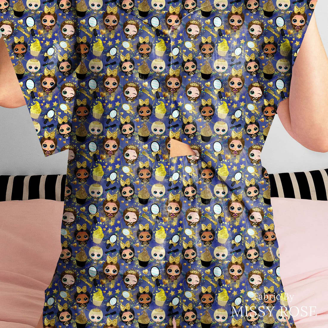 Design 1181 Navy Cuties Fabric sewn into a women's pyjama set – see how the print looks made up | Fabric by Missy Rose