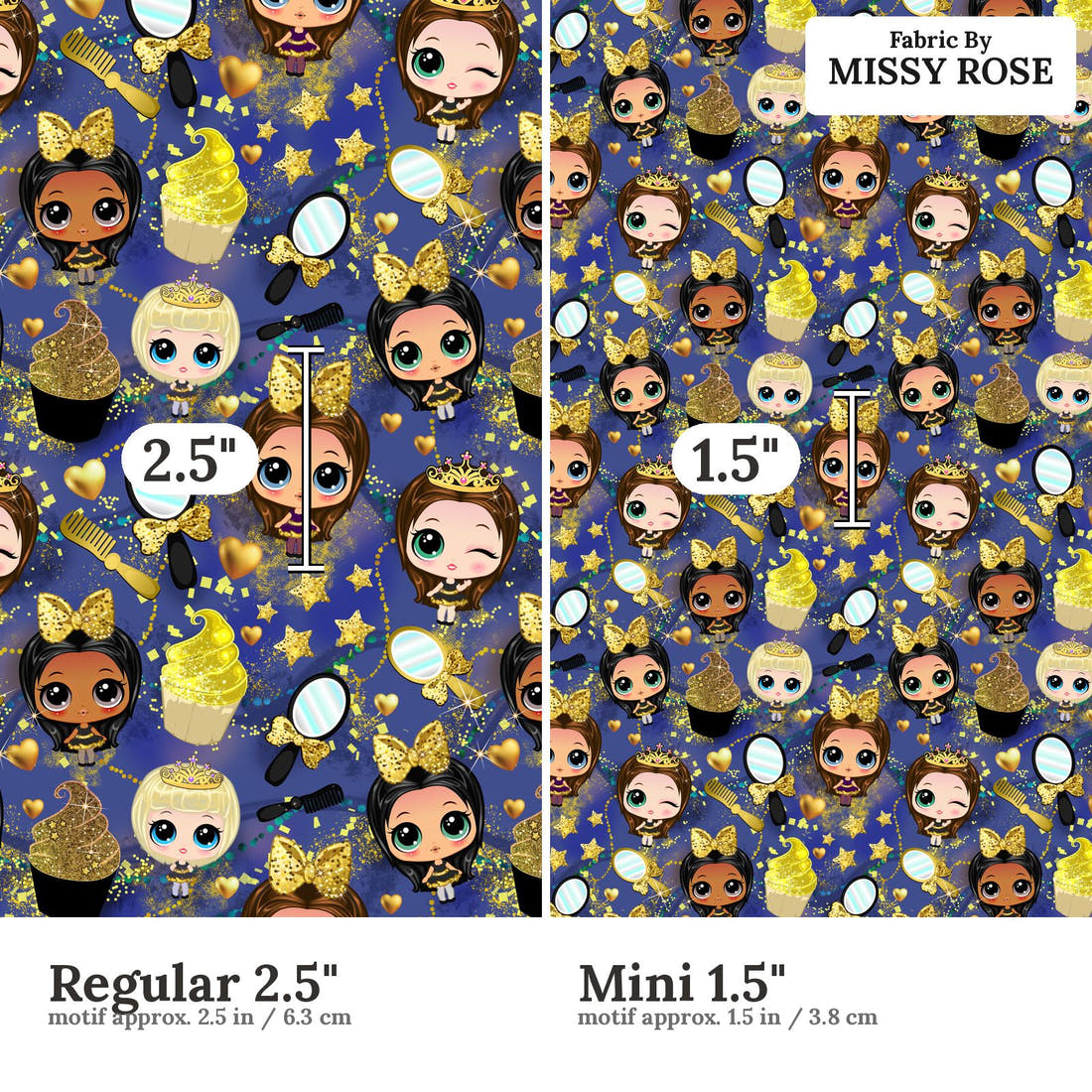 Design 1181 Navy Cuties Fabric Regular 2.5 inch vs Mini 1.5 inch print scale side by side | Fabric by Missy Rose
