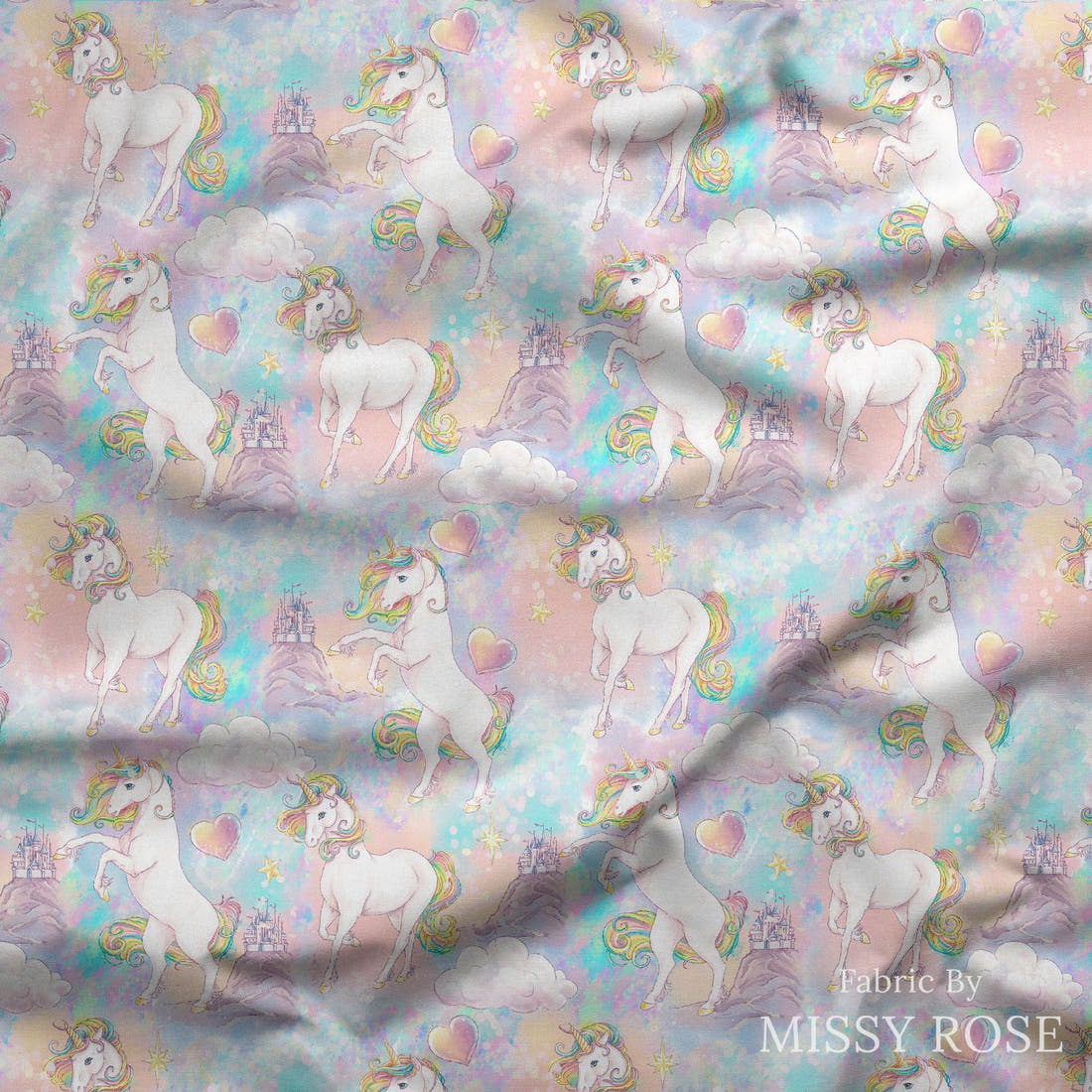 Design 1183 Magical Unicorn Fabric draped fabric mockup – custom printed fabric by the metre | Fabric by Missy Rose