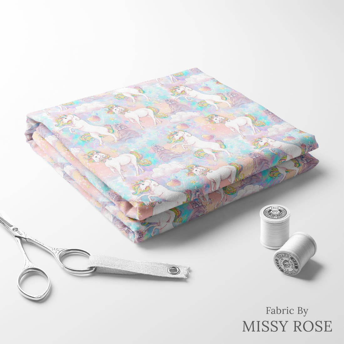 Design 1183 Magical Unicorn Fabric folded fabric stack with matching thread – pre-order fabric Australia | Fabric by Missy Rose