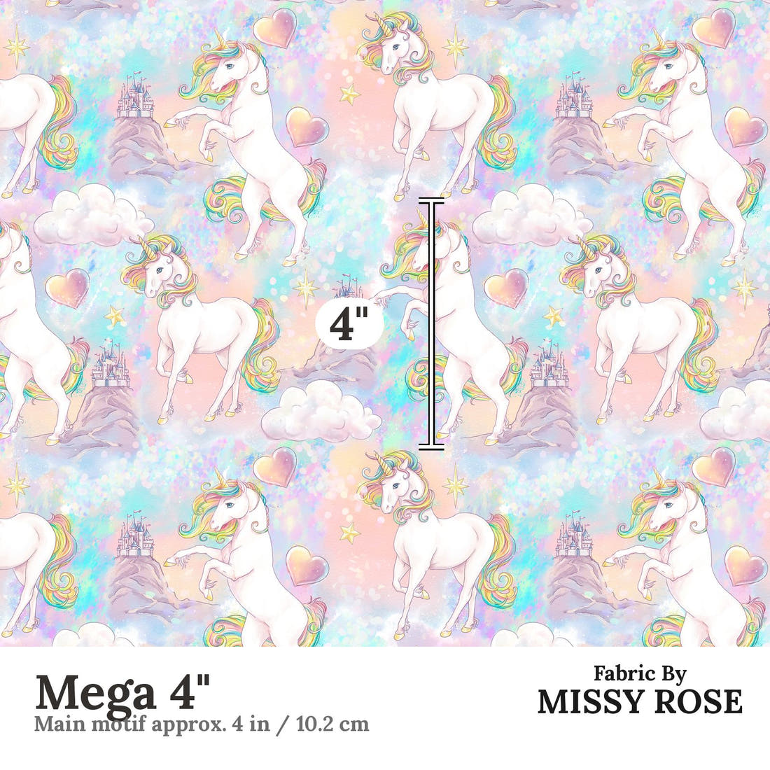 Design 1183 Magical Unicorn Fabric Mega 4 inch print scale guide | Fabric by Missy Rose