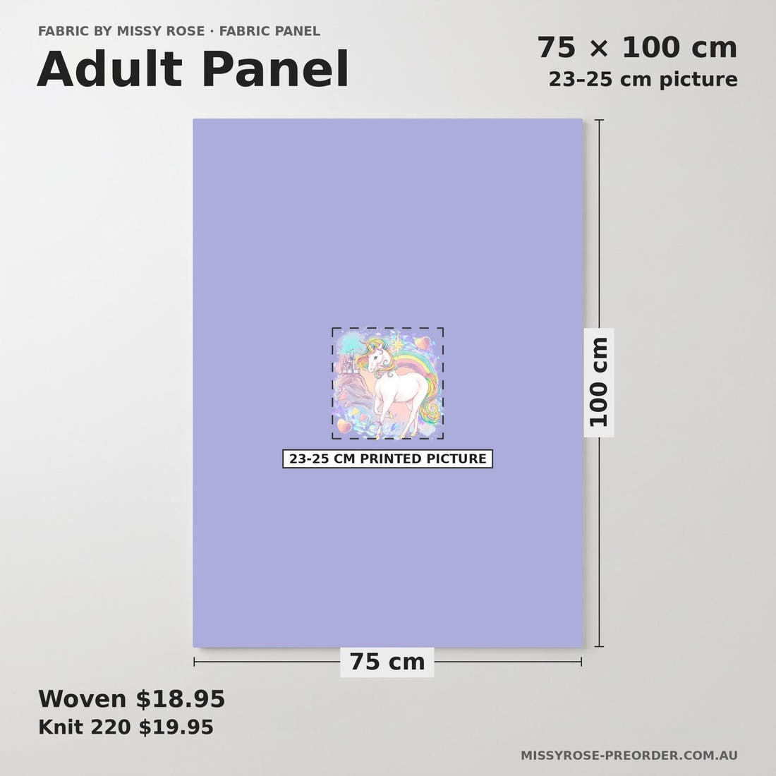 Design 1183 Magical Unicorn Panel adult panel sizing – 23–25 cm printed picture on 75 × 100 cm fabric | Fabric by Missy Rose